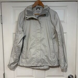LL‎ Bean Women L Lightweight Gray Rain Jacket Hooded Windbreaker Hiking Outdoors